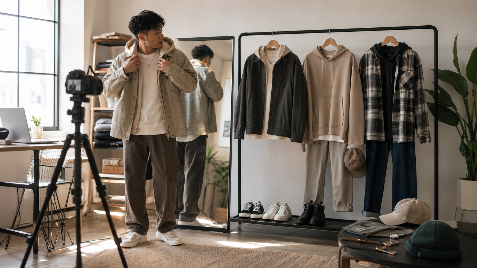 Fashion creator comparing layered streetwear looks on camera