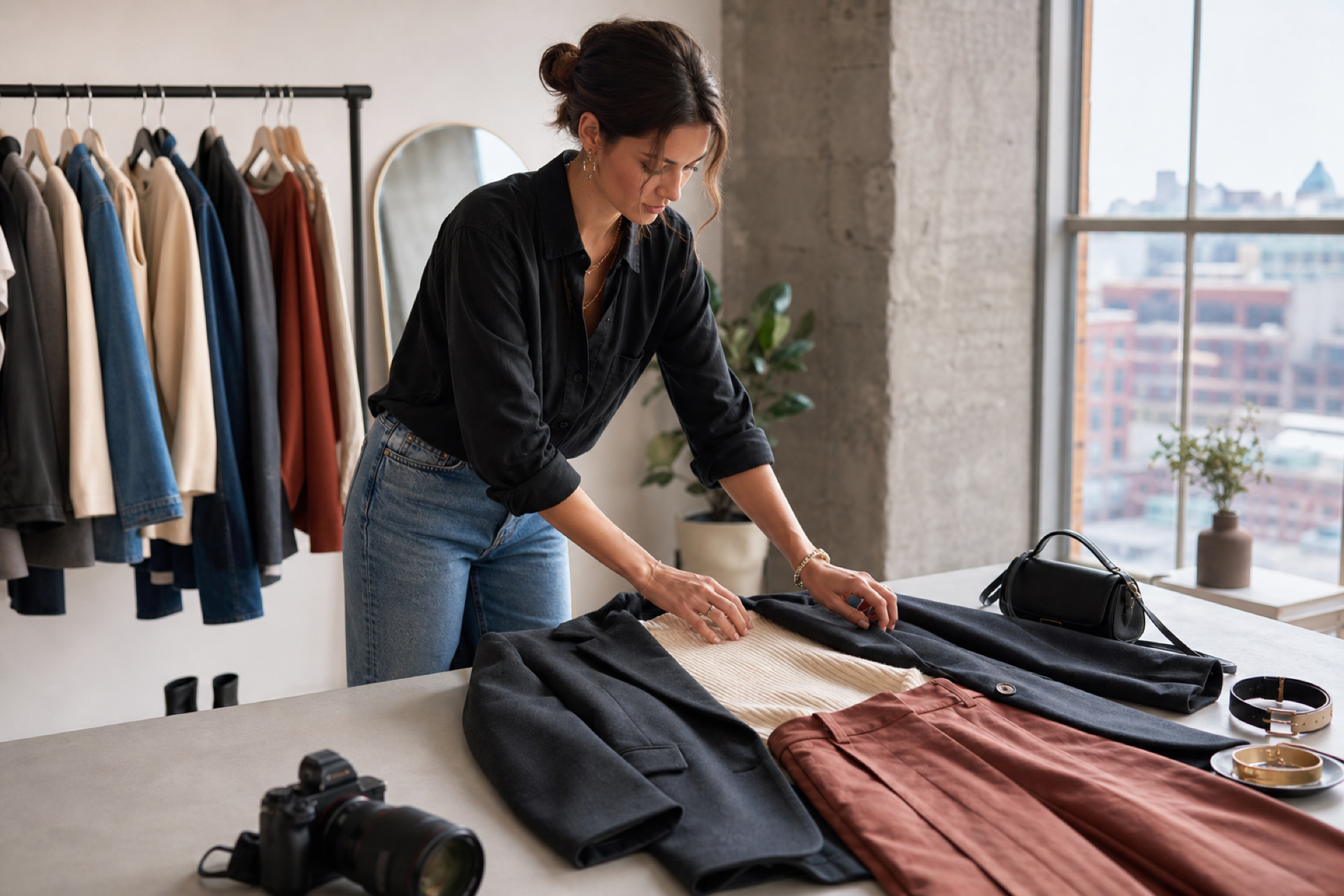 Fashion creator arranging a street-style outfit beside a camera in an urban studio