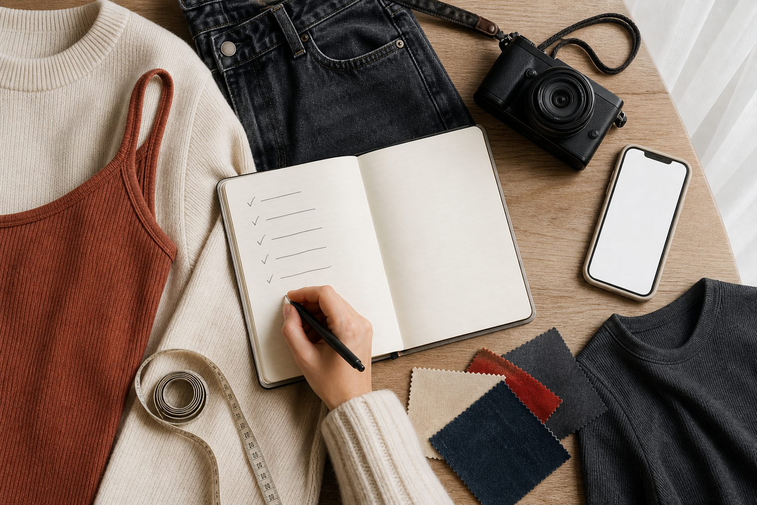 Overhead fashion content-planning workspace with camera, notebook, clothing, and fabric swatches