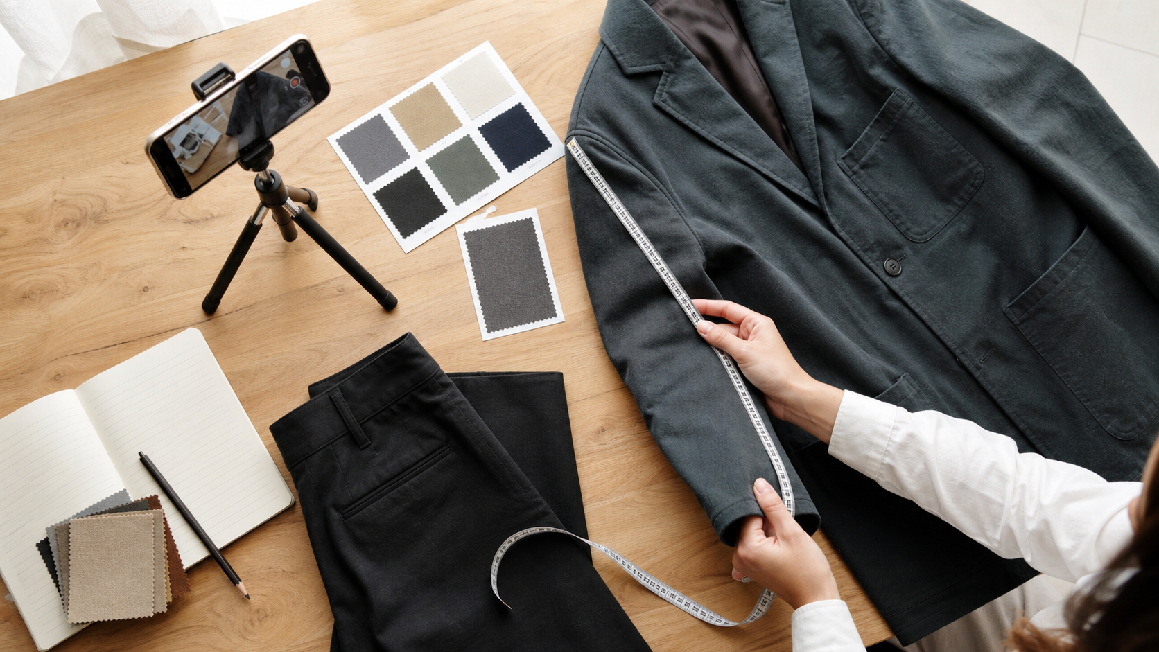 Creator measuring a jacket sleeve and documenting fabric details