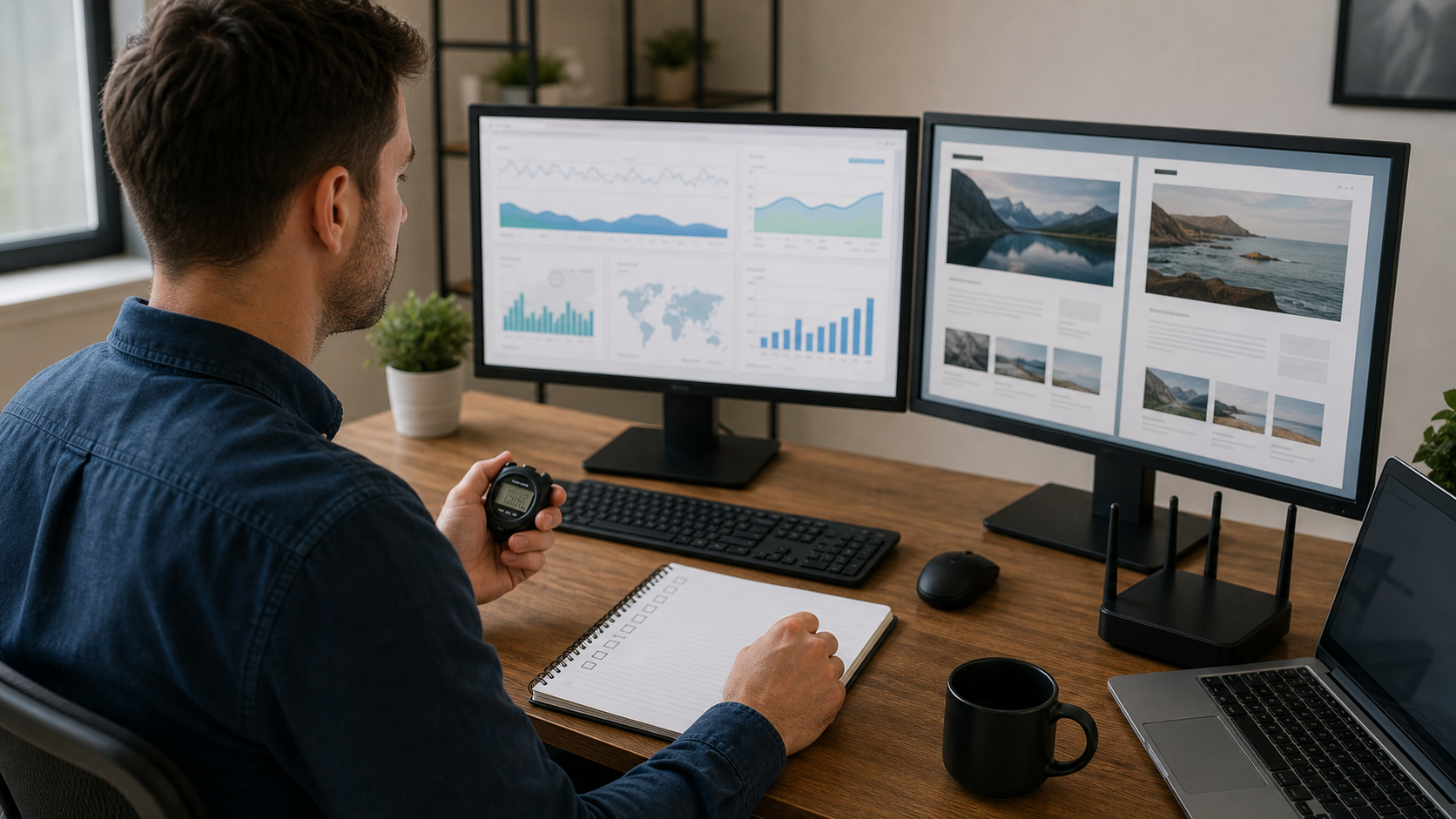Technical creator comparing website speed and uptime results