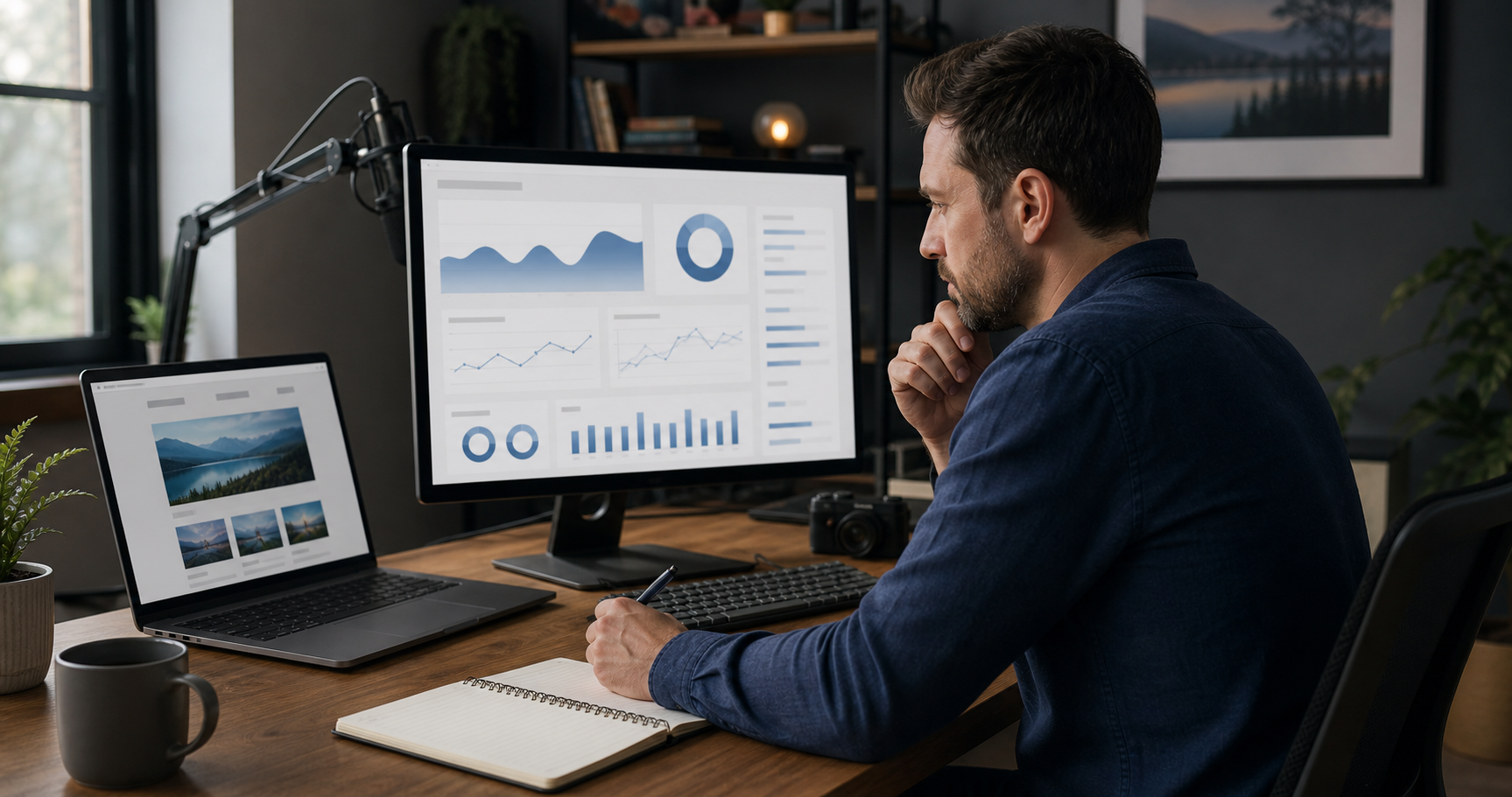 Web creator comparing an abstract hosting performance dashboard with a website preview