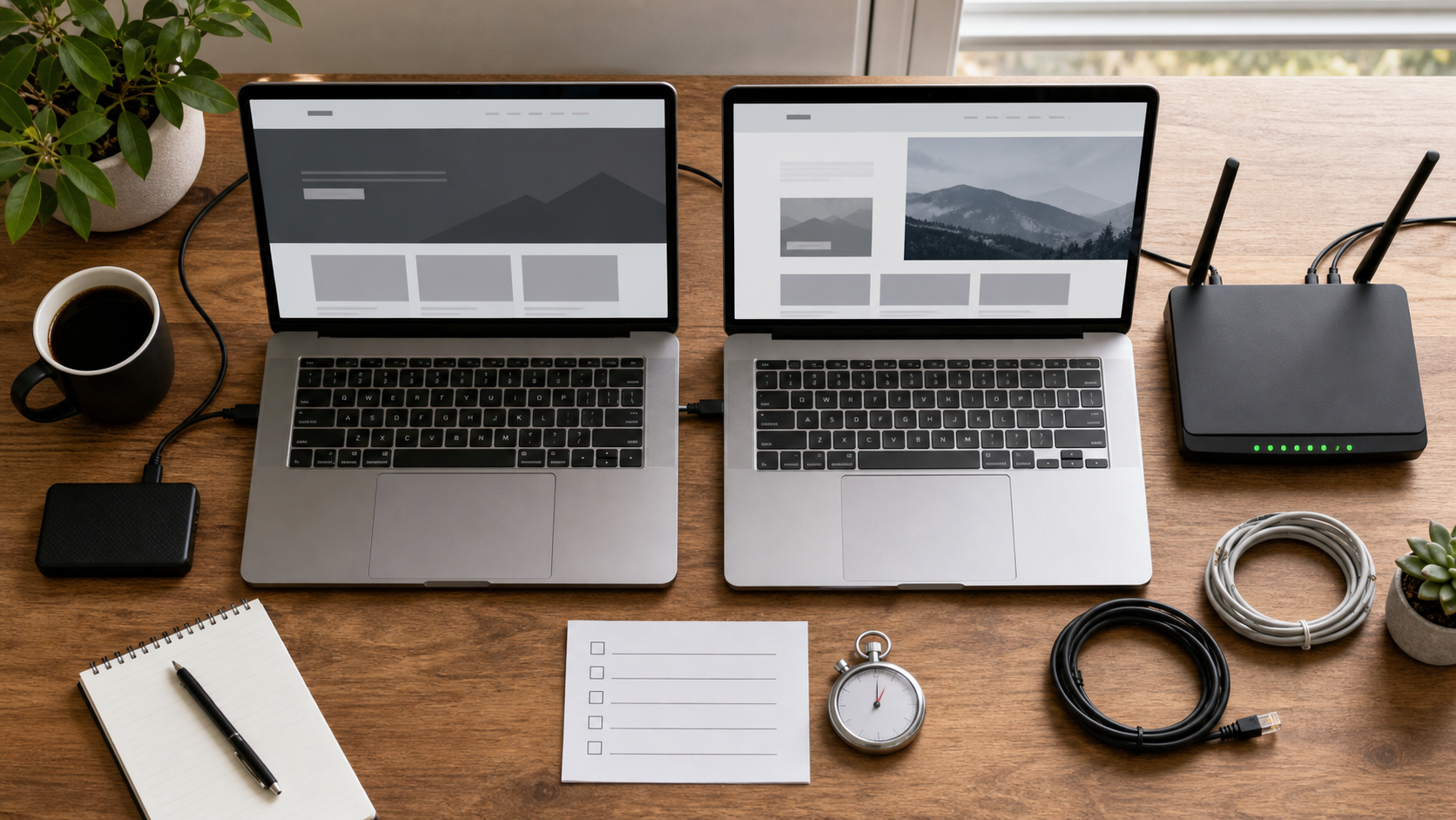 Overhead website migration test setup with two laptops, router, drive, and blank checklist