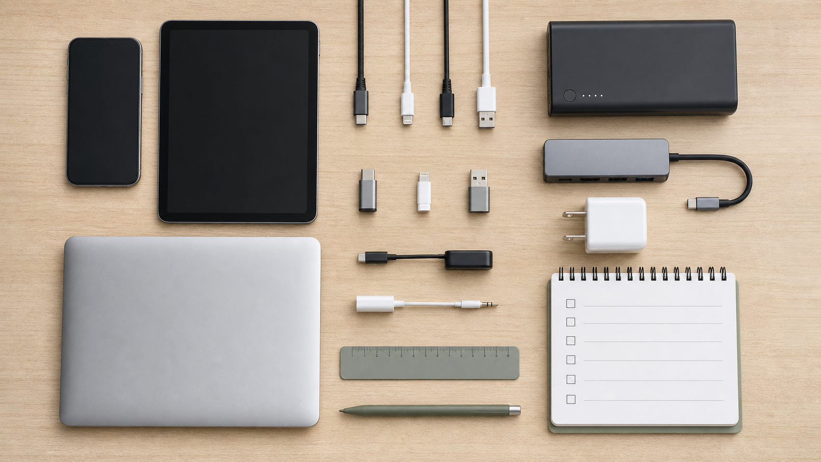 Overhead compatibility-check workspace with generic devices, cables, charger, hub, and checklist