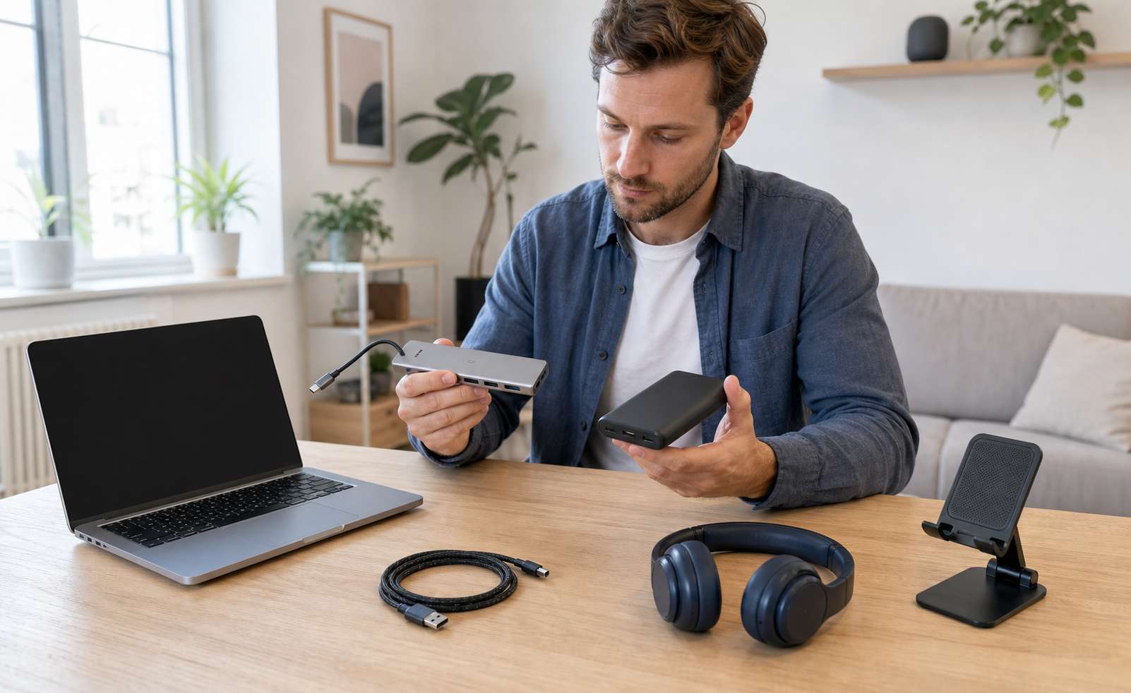 Technology creator comparing a generic USB hub and power bank at a home studio worktable