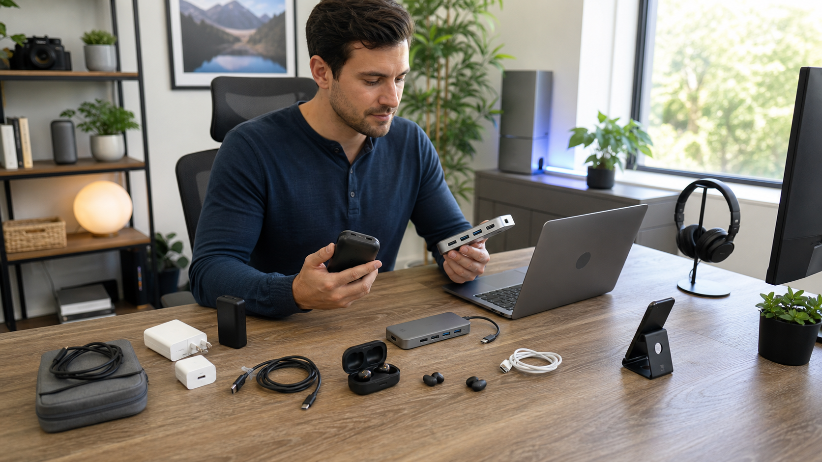 Technology creator comparing charging and connectivity accessories