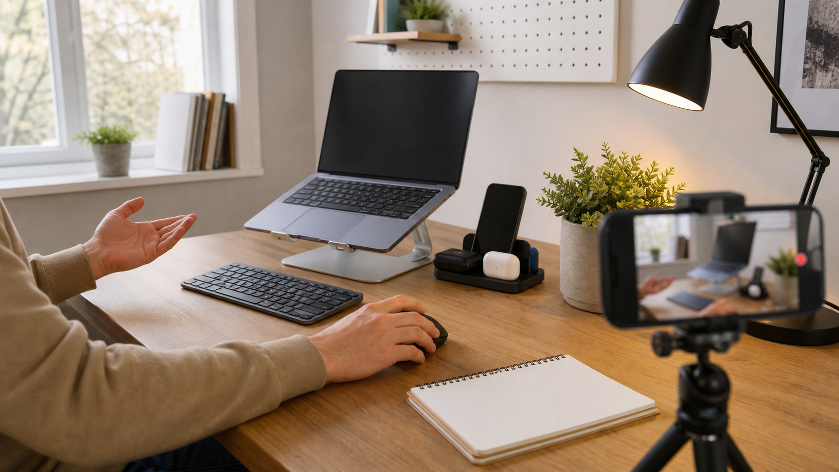 Creator filming a practical home-office accessory demonstration