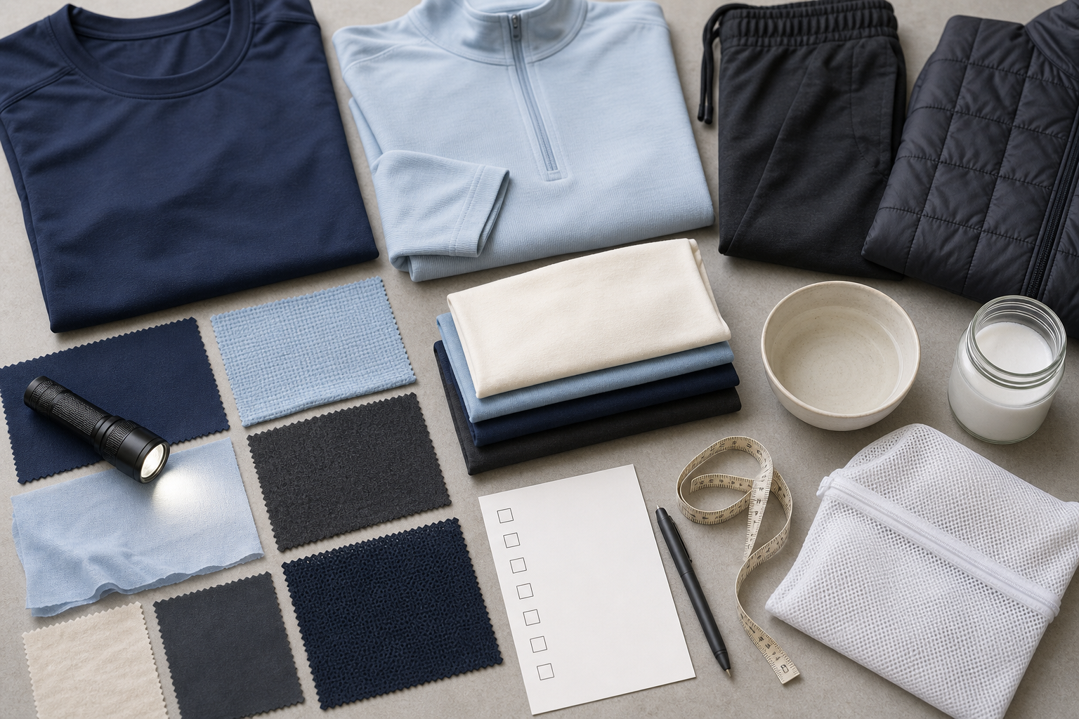 Apparel testing flat lay with fabrics, measuring tape and care tools