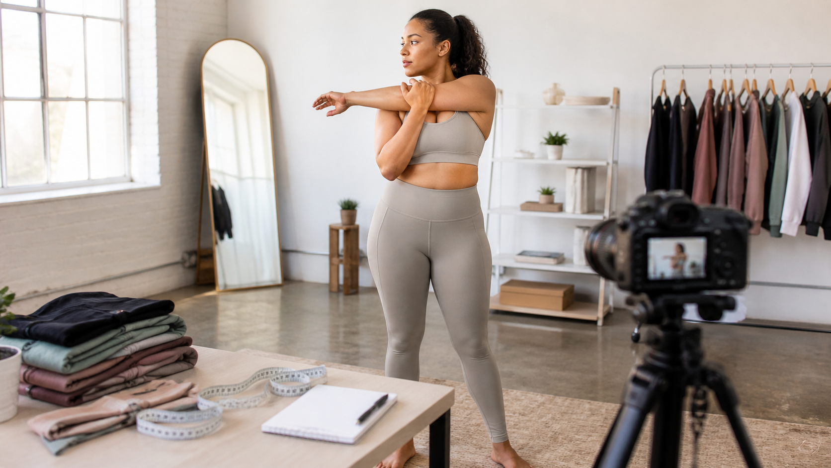 Apparel creator testing activewear fit and movement on camera