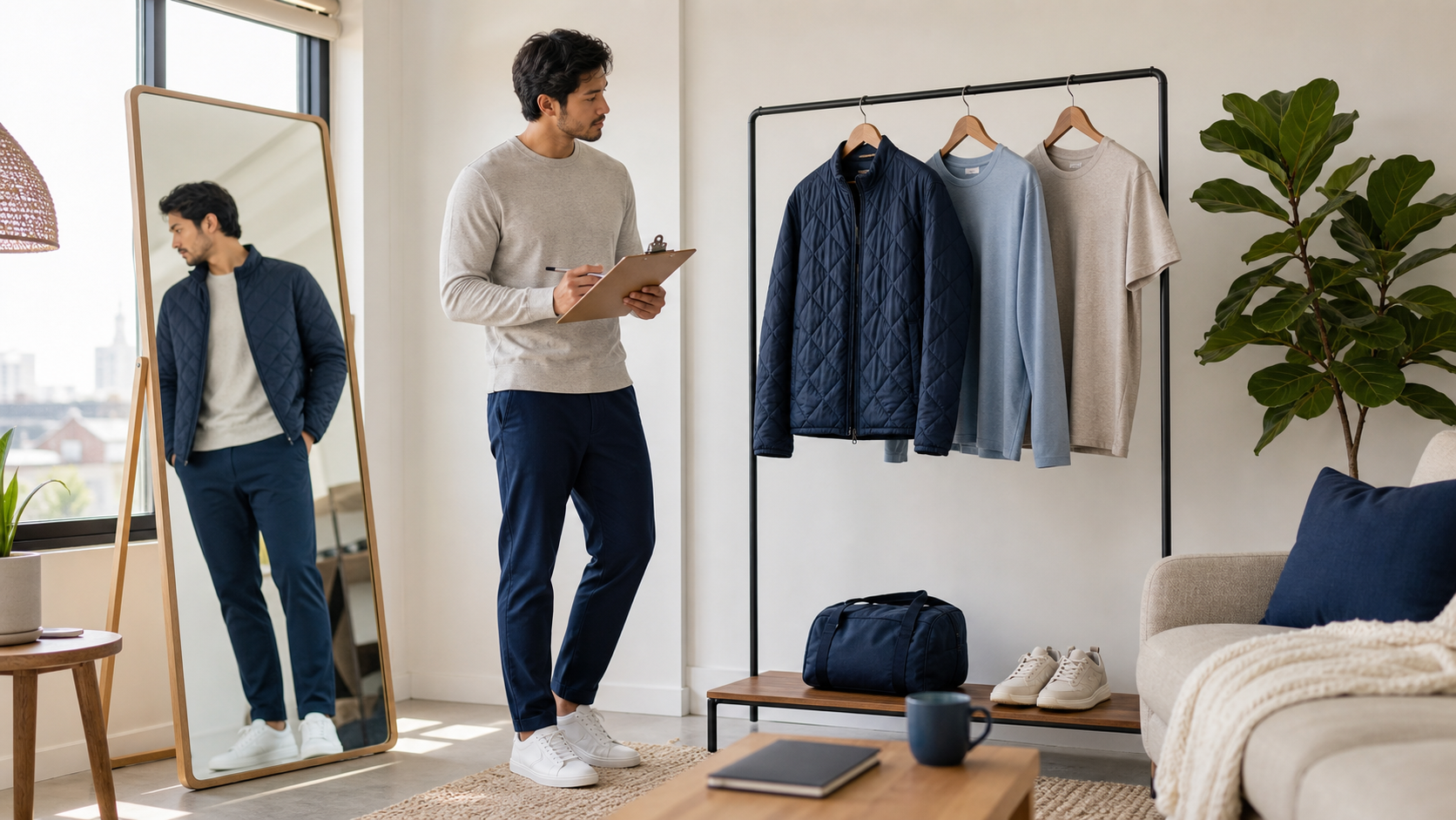 Creator comparing lightweight layers and fit in a bright home studio