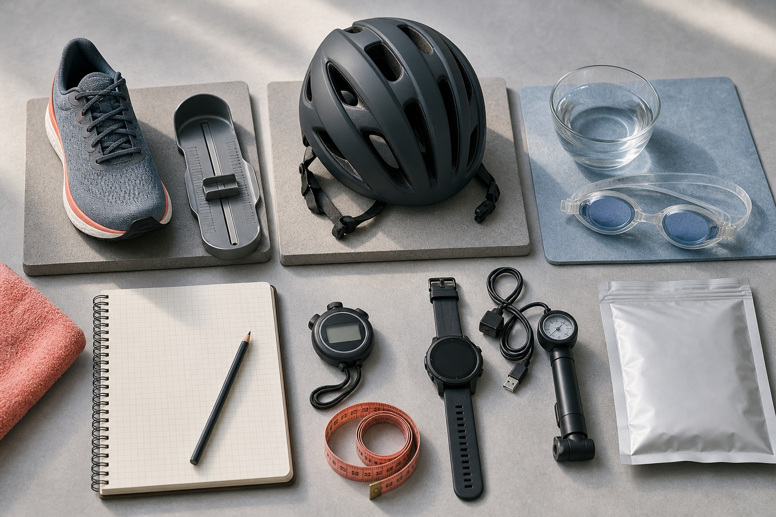 Organized multi-sport gear testing workflow with measurement tools