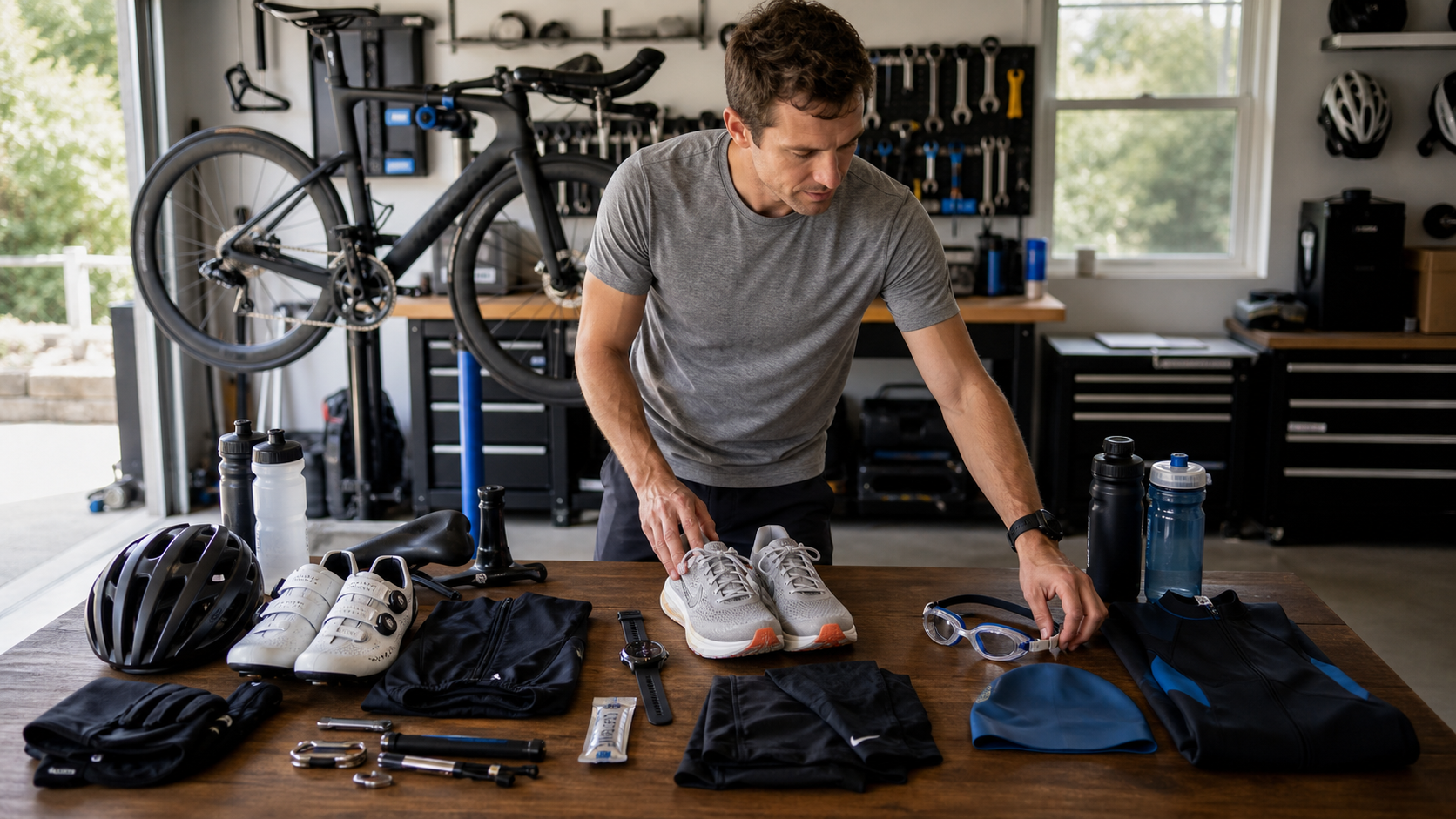 Endurance-sport creator organizing cycling, running, and swimming gear