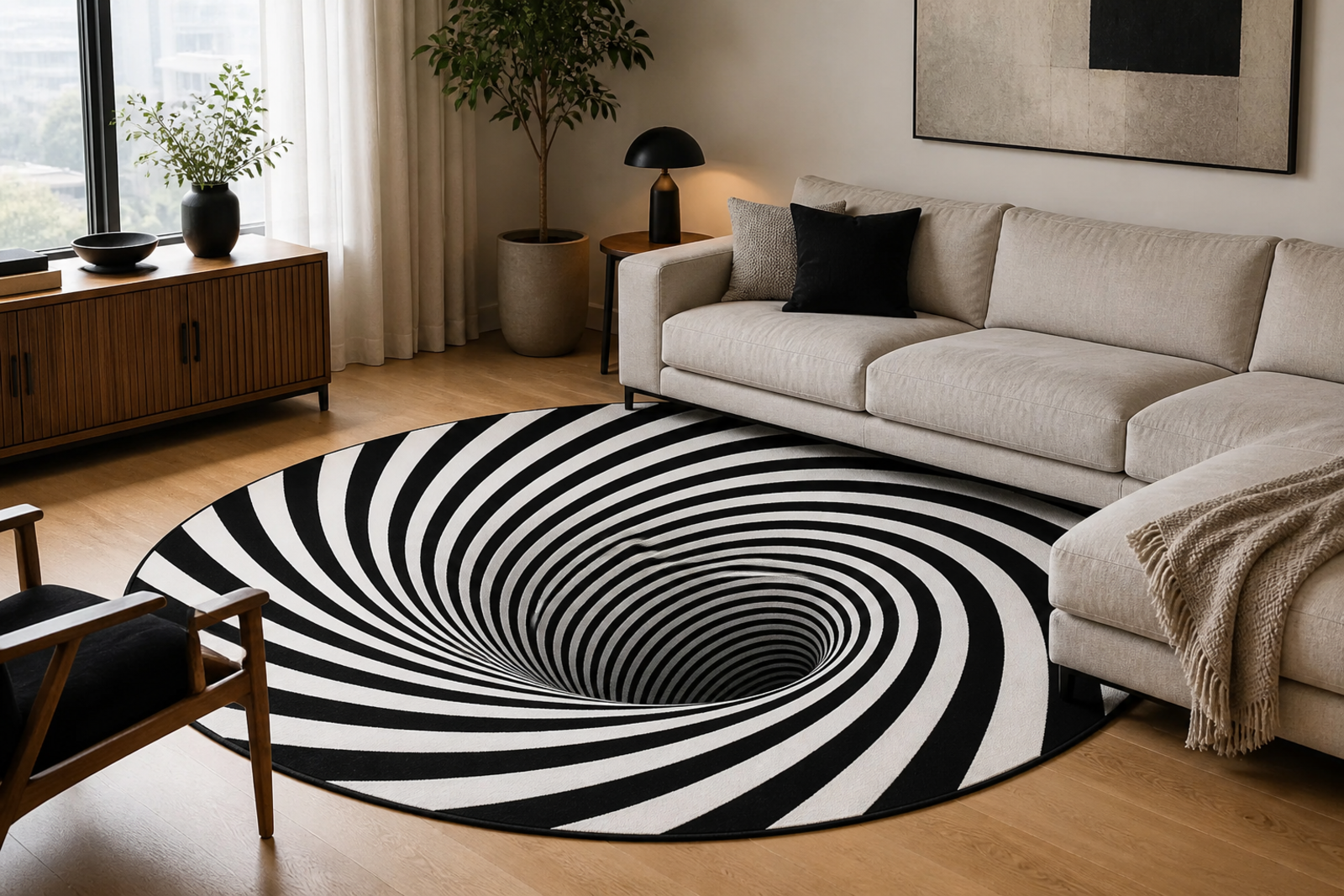 Black-and-white vortex illusion rug in a neutral modern living room