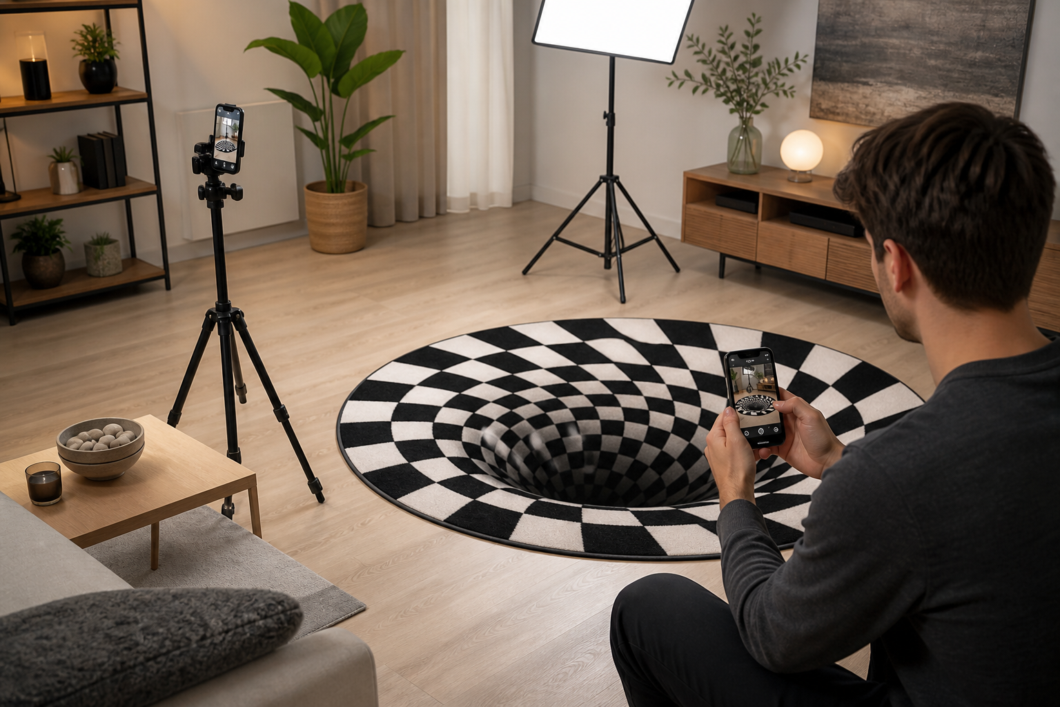 Creator filming a vortex illusion rug from several camera angles