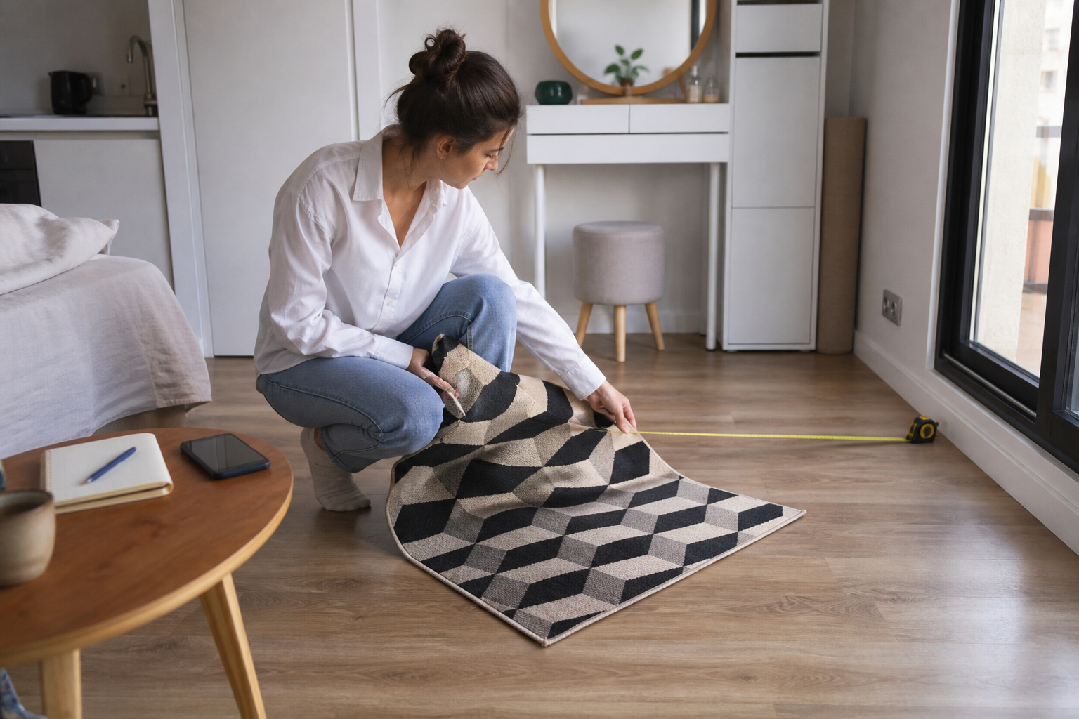Creator measuring floor space before placing a geometric illusion rug