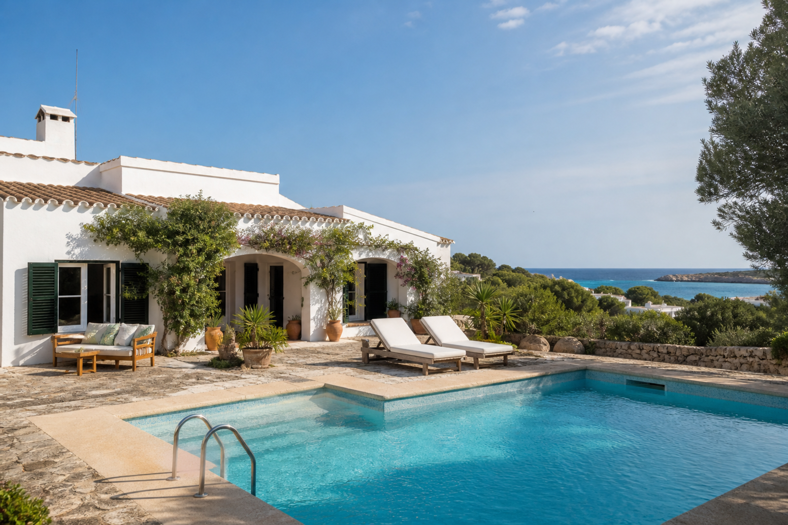 Whitewashed Menorca villa with a private pool and Mediterranean garden