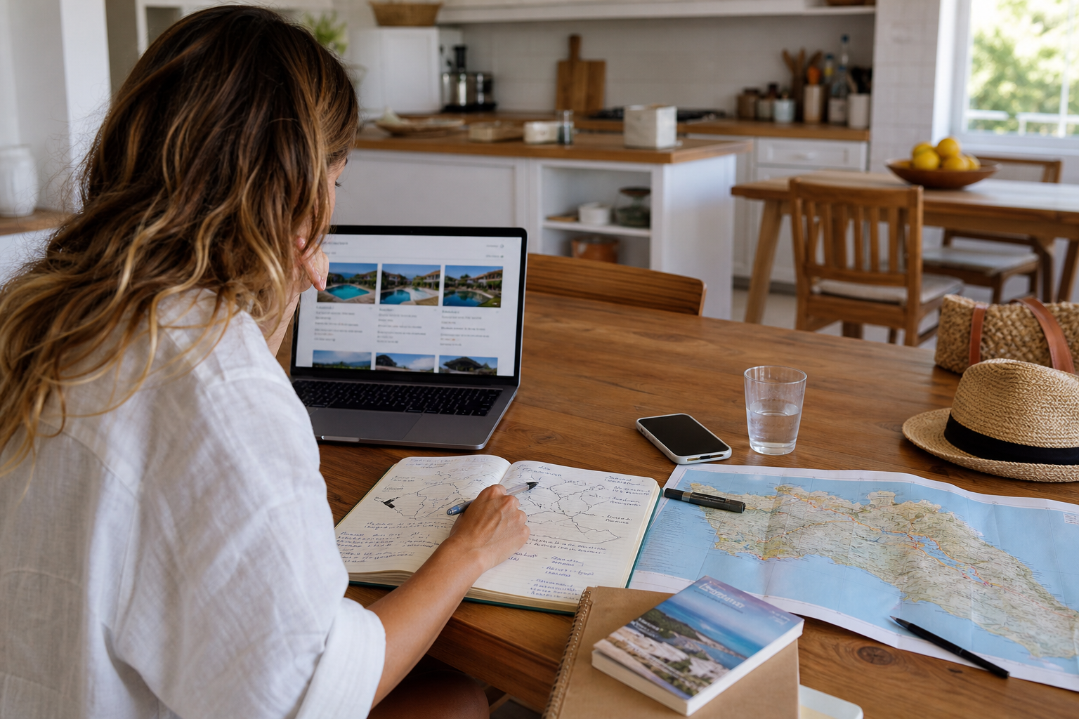 Travel creator comparing villa listings and planning routes across Menorca