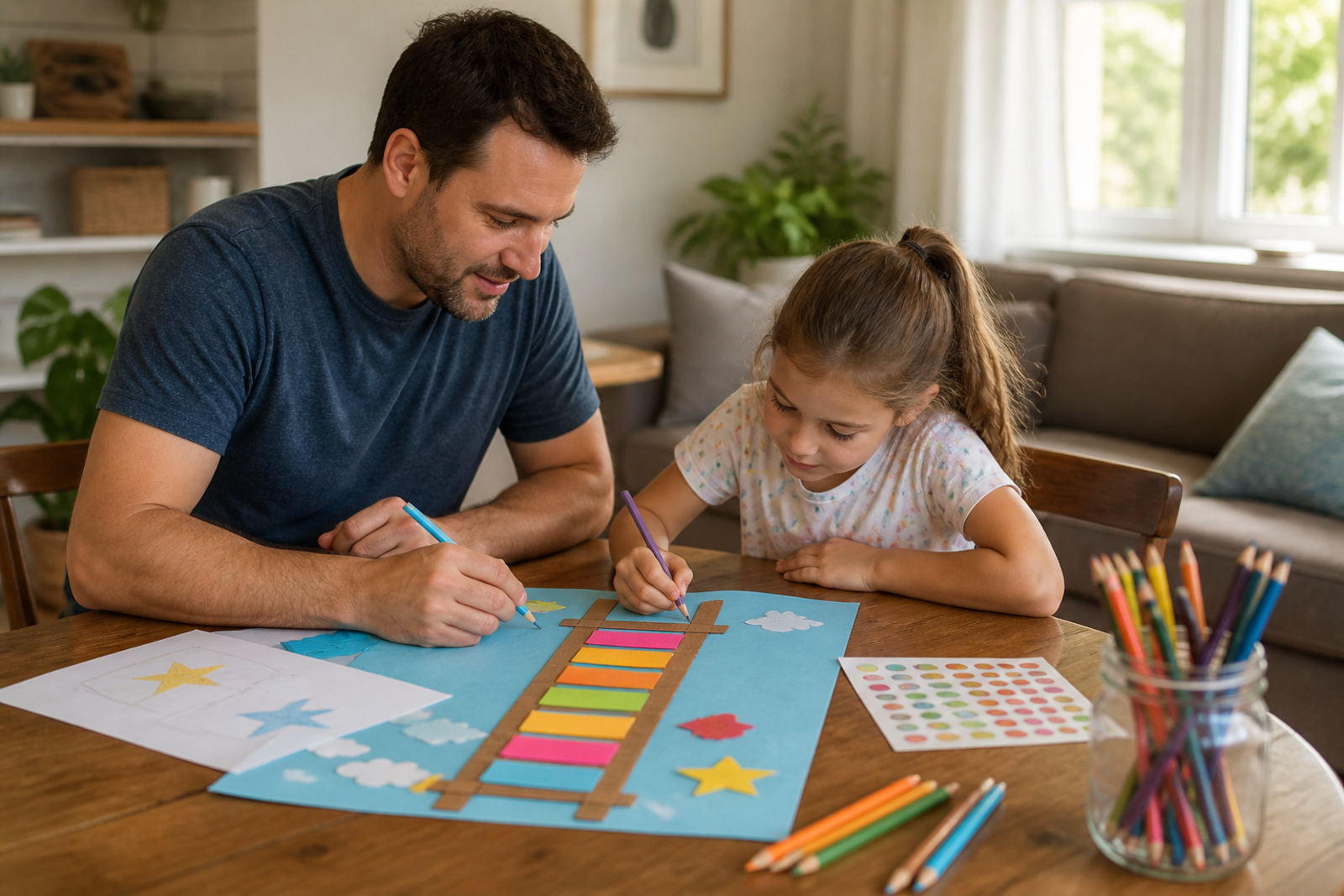 Parent and child making a colorful goal ladder together at home