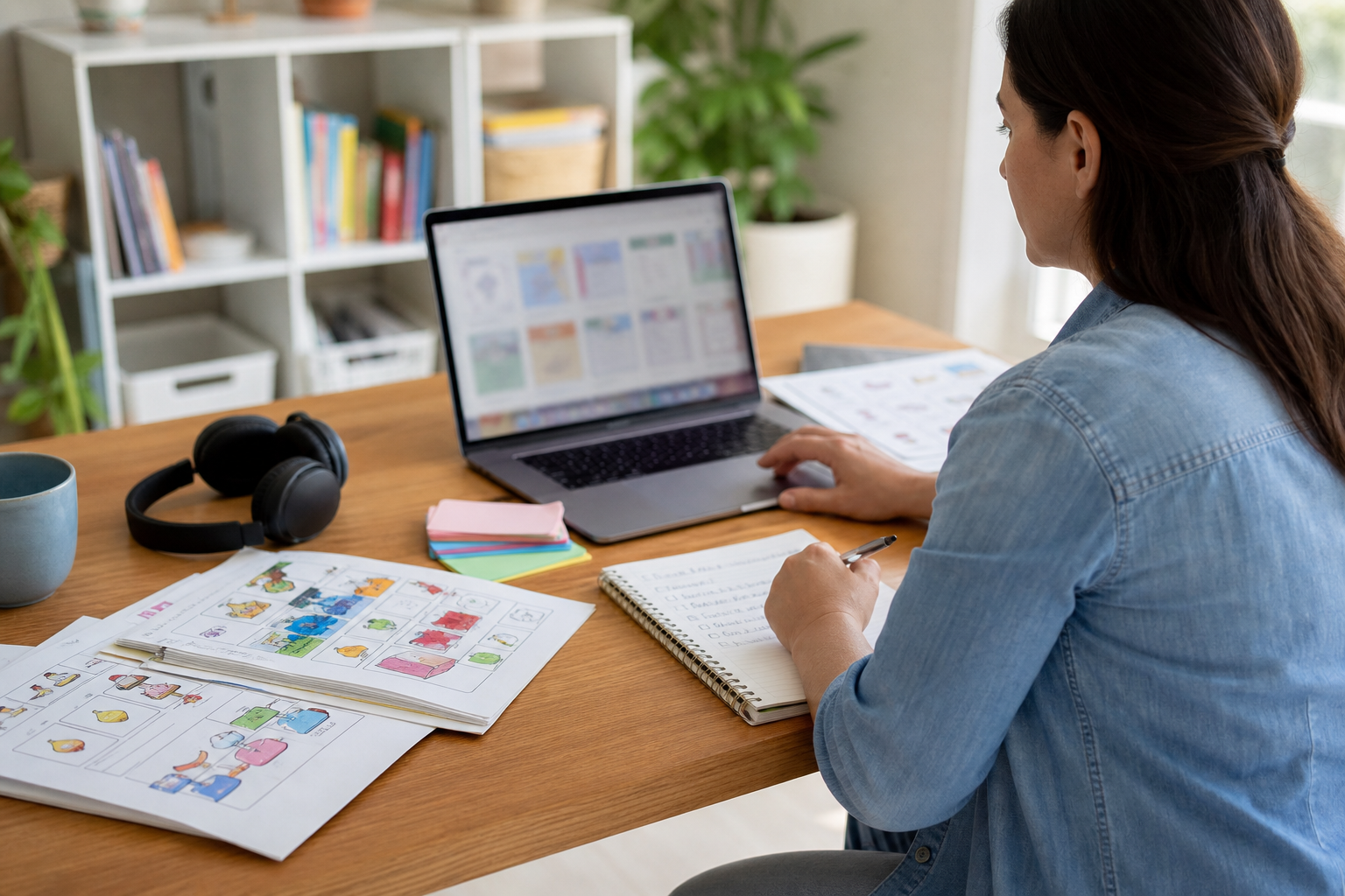 Educator reviewing a digital family activity bundle and printed worksheets