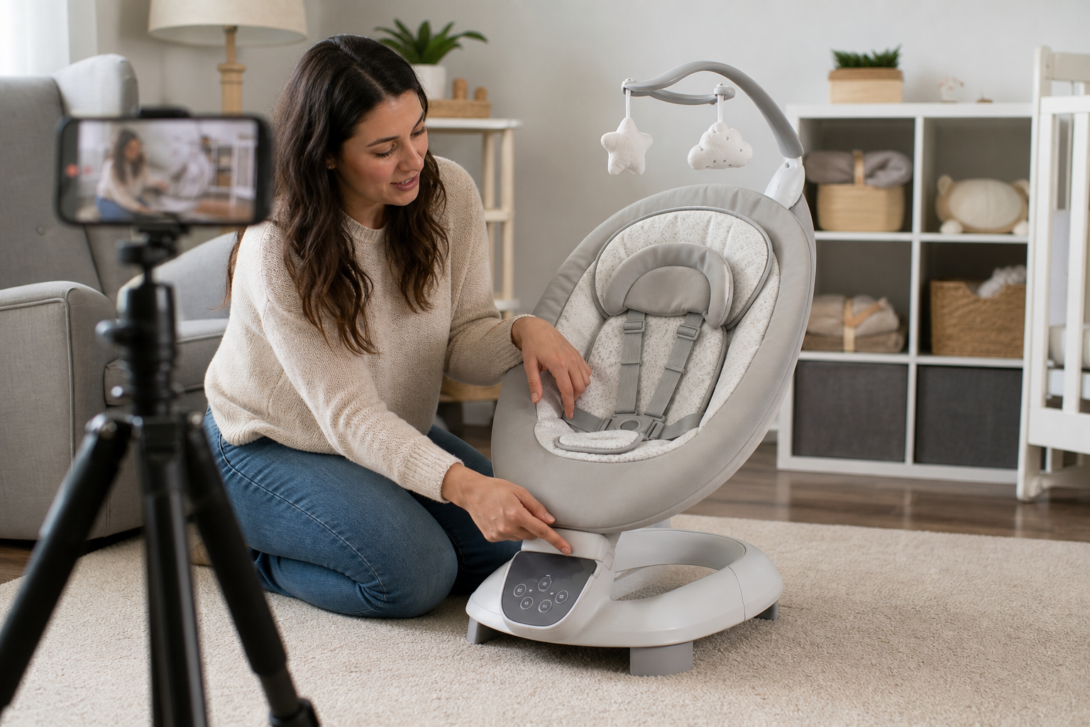 Parenting creator filming a hands-on empty infant swing demonstration
