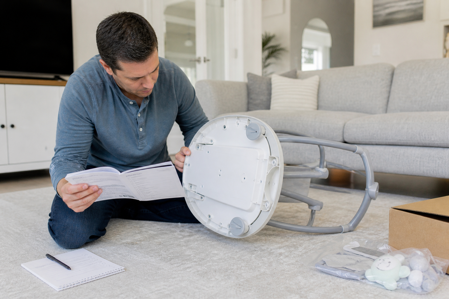 Parent checking baby swing model details against the instruction manual
