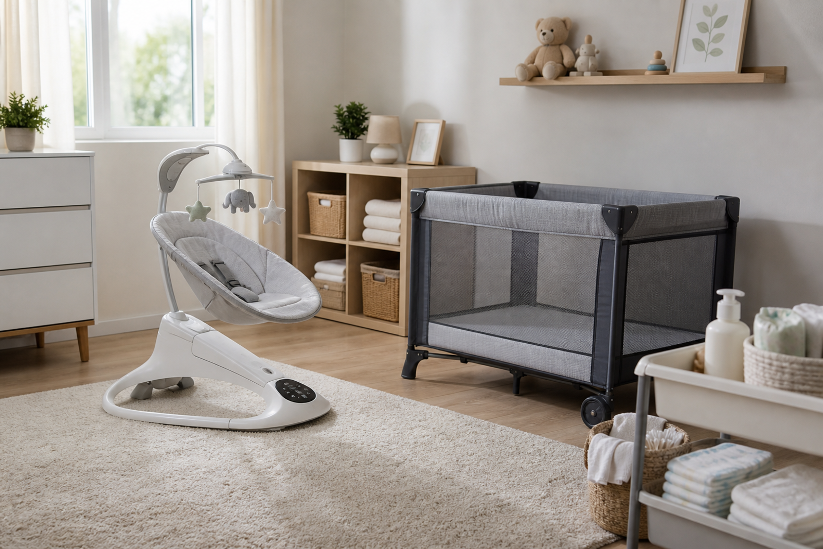 Modern nursery with an empty automated infant swing and portable playard