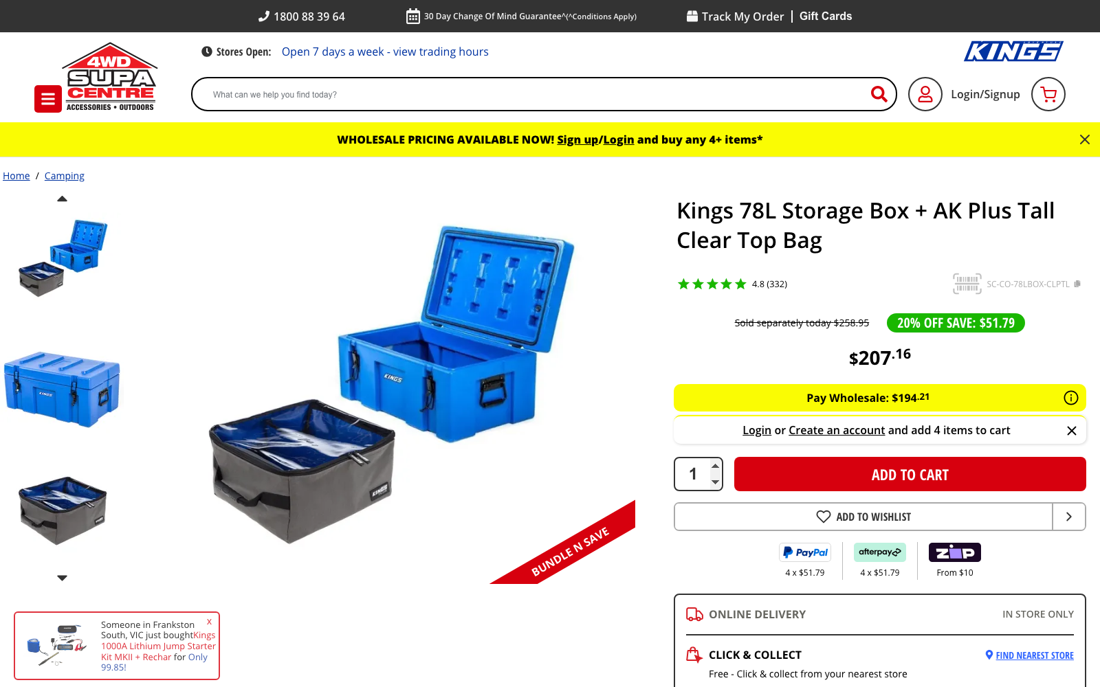 Kings 78-litre storage box and clear-top bag shown with current bundle details