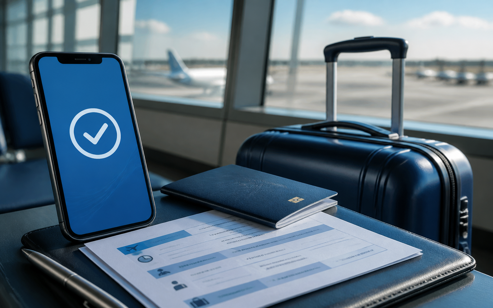 Traveler checking booking confirmation before departure