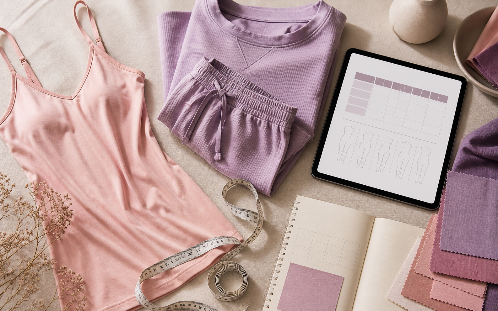 Loungewear and camisole fit-planning flat lay with size guide