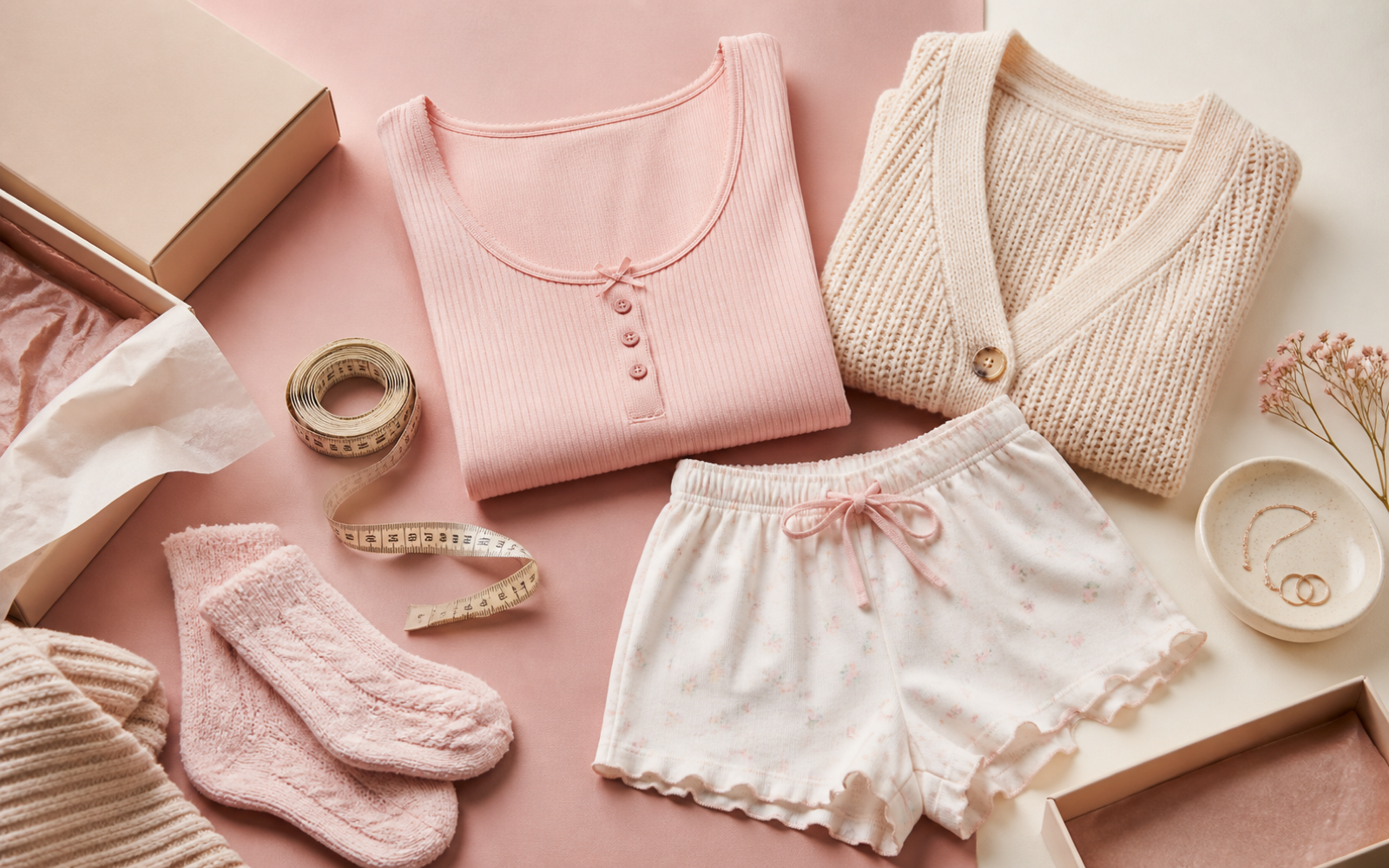 Pastel loungewear flat lay with measuring tape and packaging