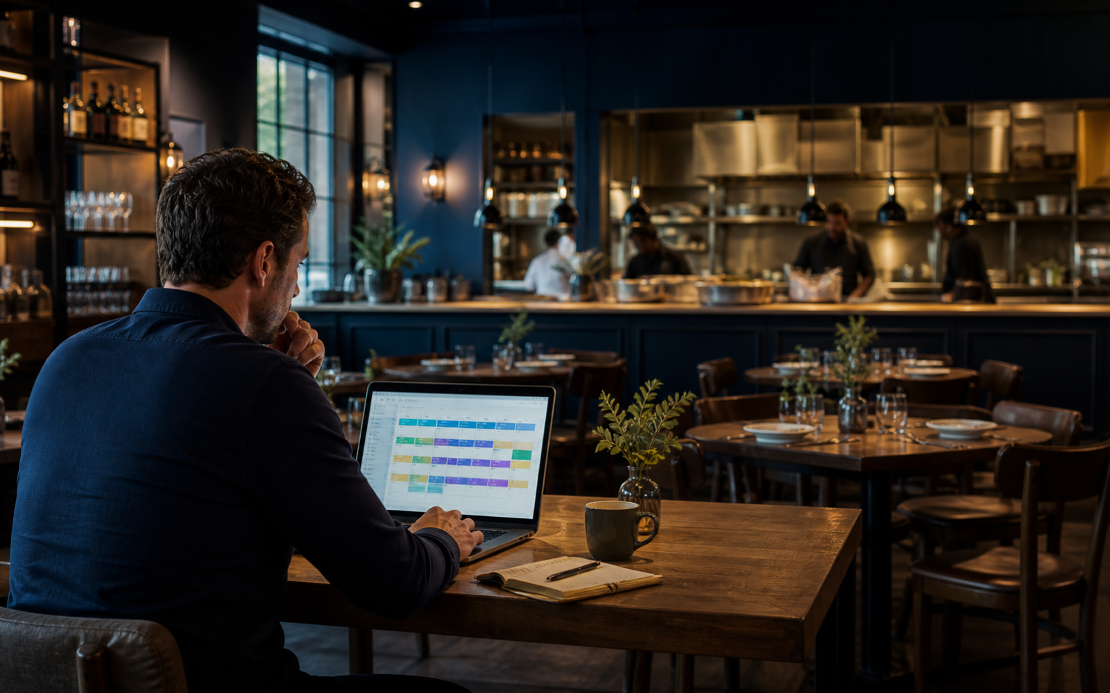 Restaurant manager reviewing a digital shift schedule before service