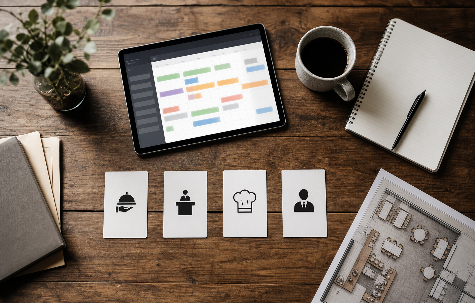 Restaurant role cards beside an abstract weekly scheduling board
