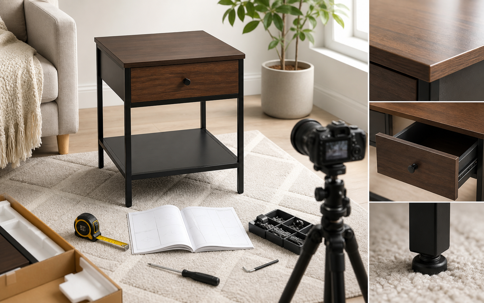 Assembled side table review showing tools, measurements, and finish details