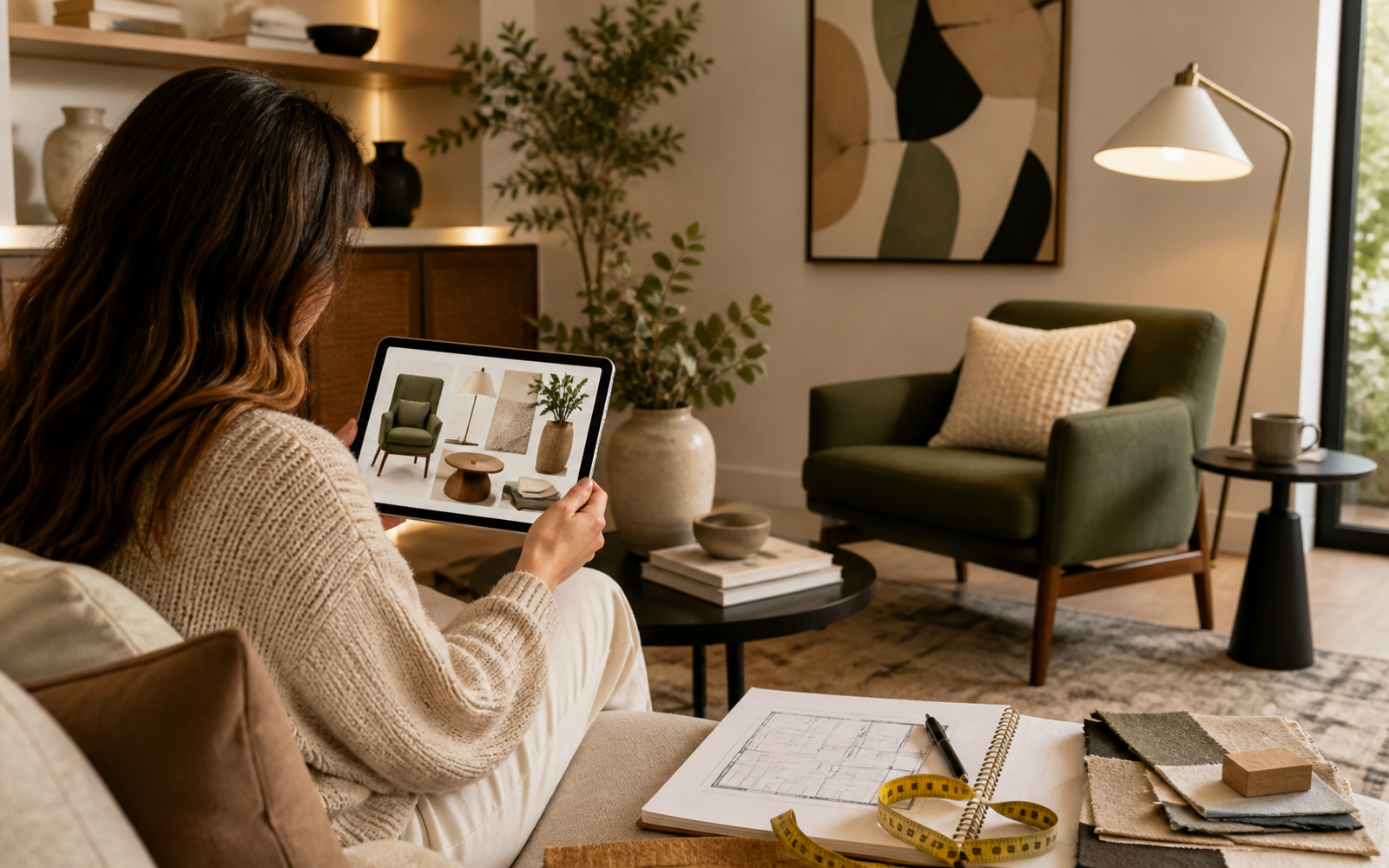 Home creator planning decor with a measured floor plan and mood board