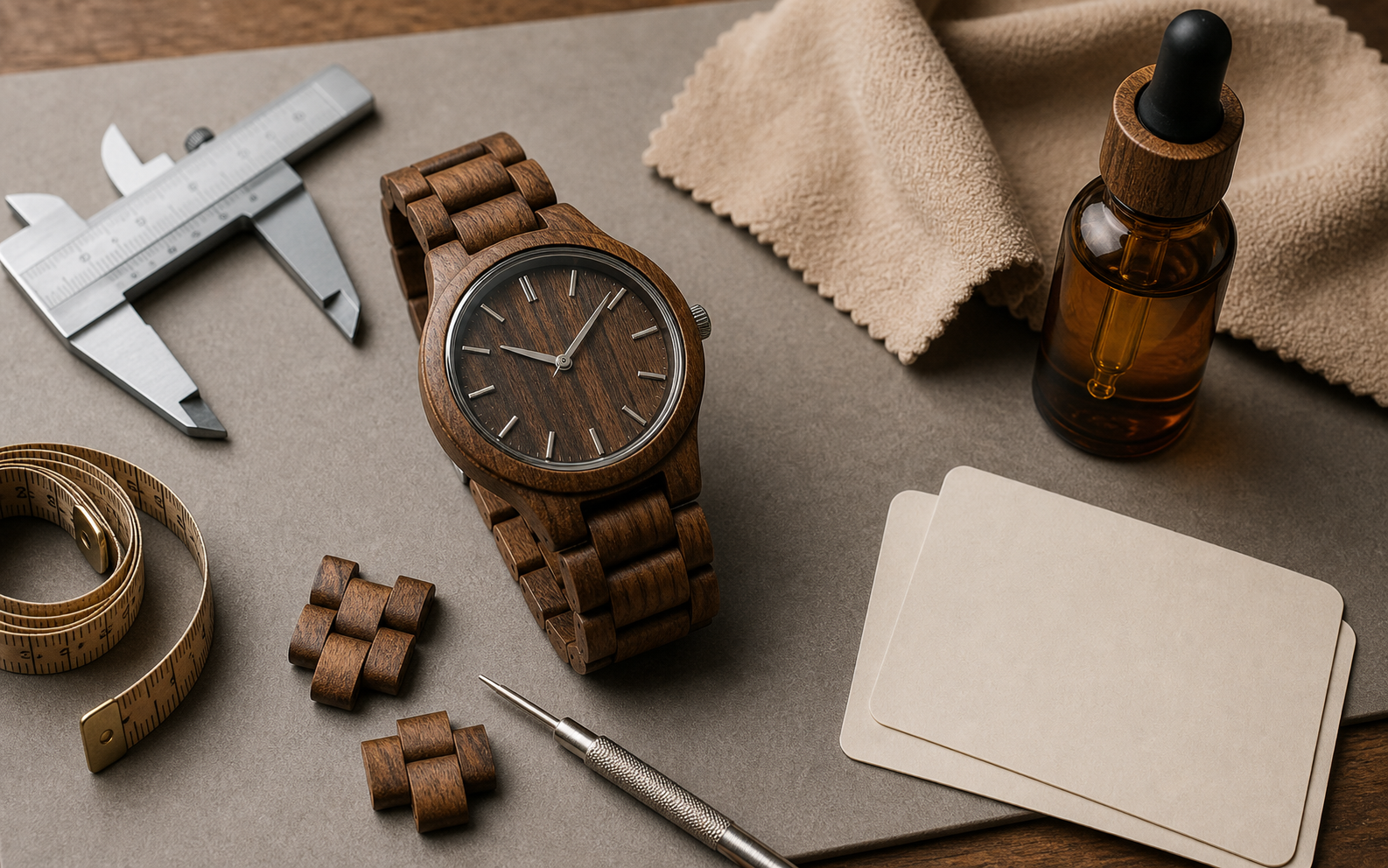 Wooden watch review setup with fit tools, links, and care oil