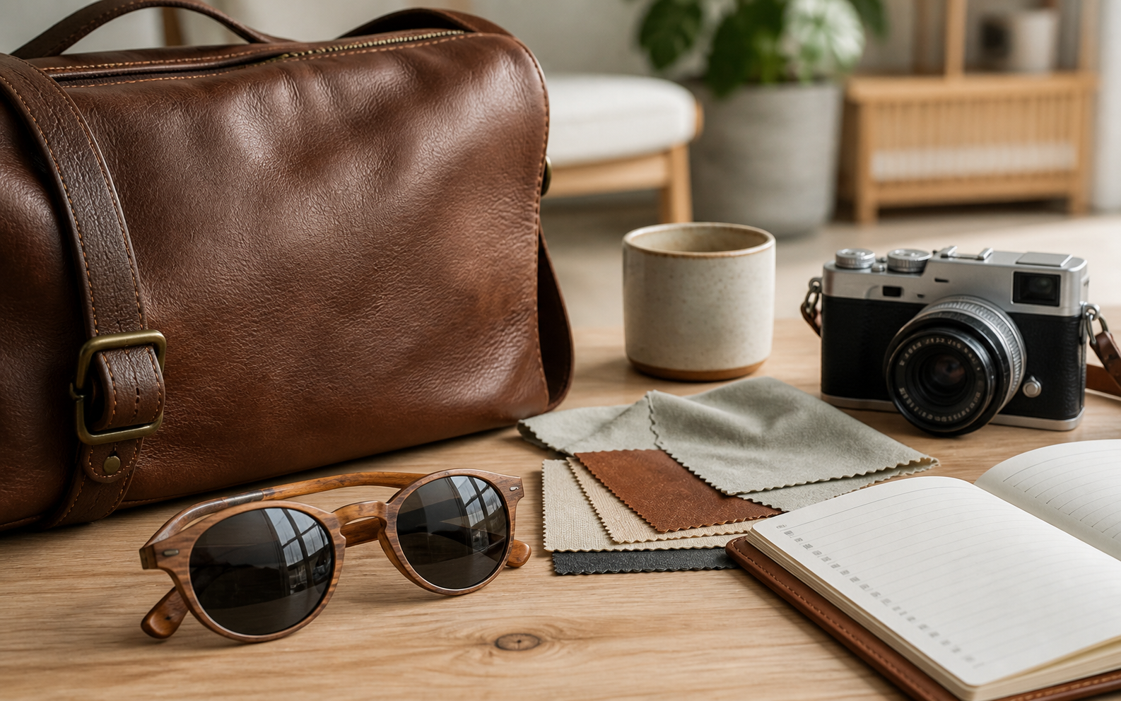Leather bag and wood sunglasses beside material swatches and ownership notes