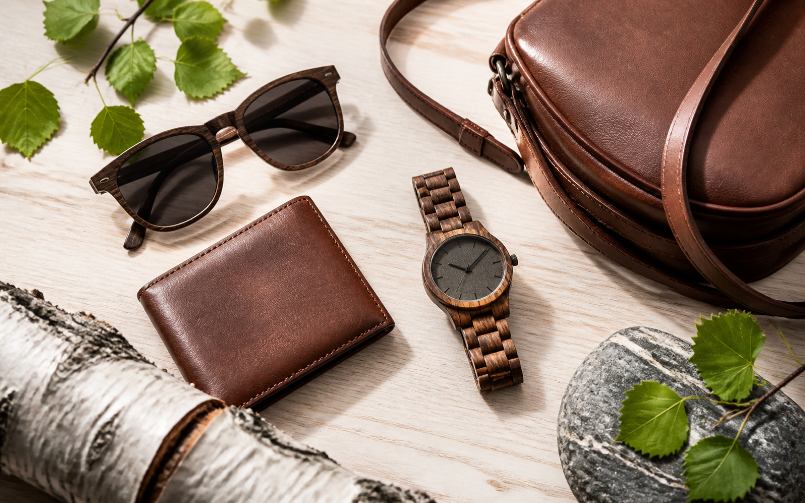 Wooden watch, sunglasses, leather bag, and wallet in a Nordic flat lay
