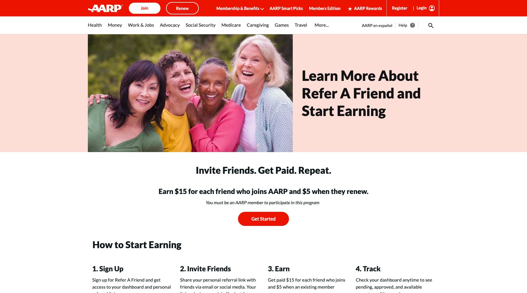 AARP official Refer a Friend page explaining the current member referral flow