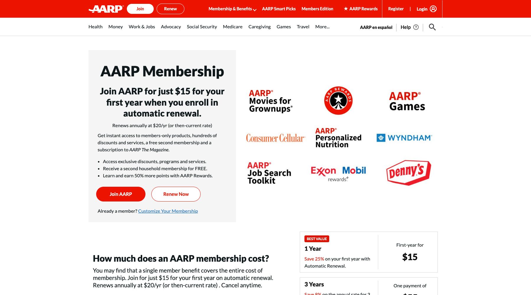 AARP official membership page showing the current membership proposition and benefits