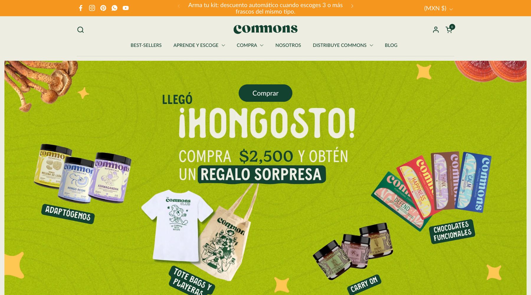 Commons official storefront showing its current adaptogen and functional product range