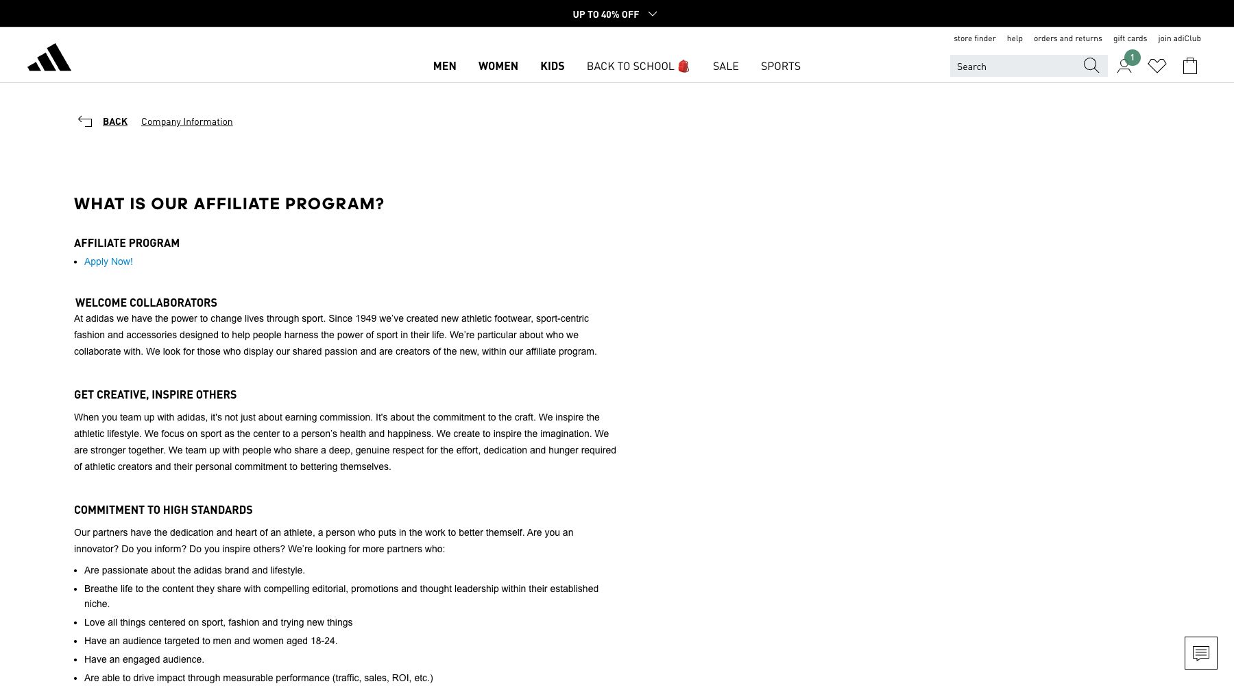 adidas official affiliate program page describing creator standards and application access