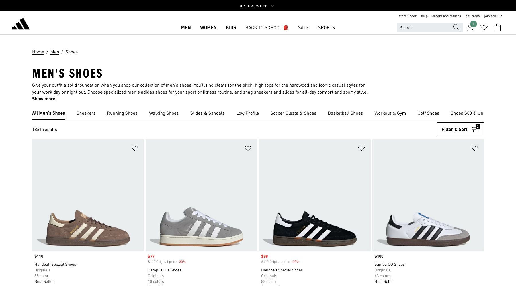 adidas official men's shoes storefront showing current footwear categories and products