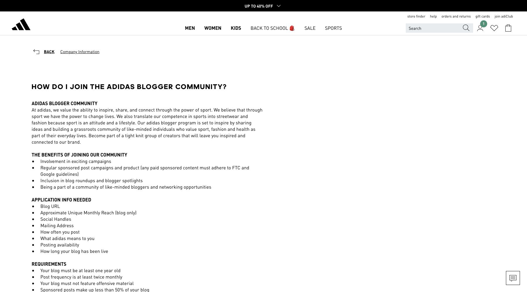 adidas official blogger community page listing collaboration benefits and application information