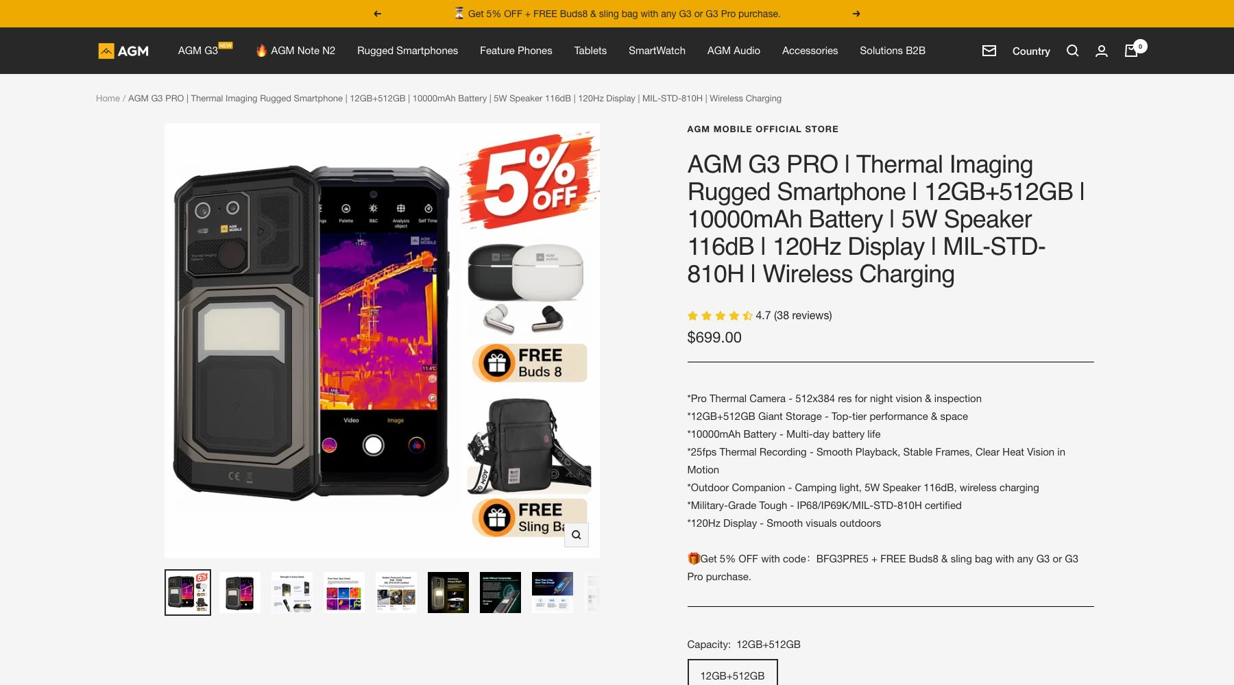 AGM Mobile official G3 Pro product page showing the device, current specifications, and regional options