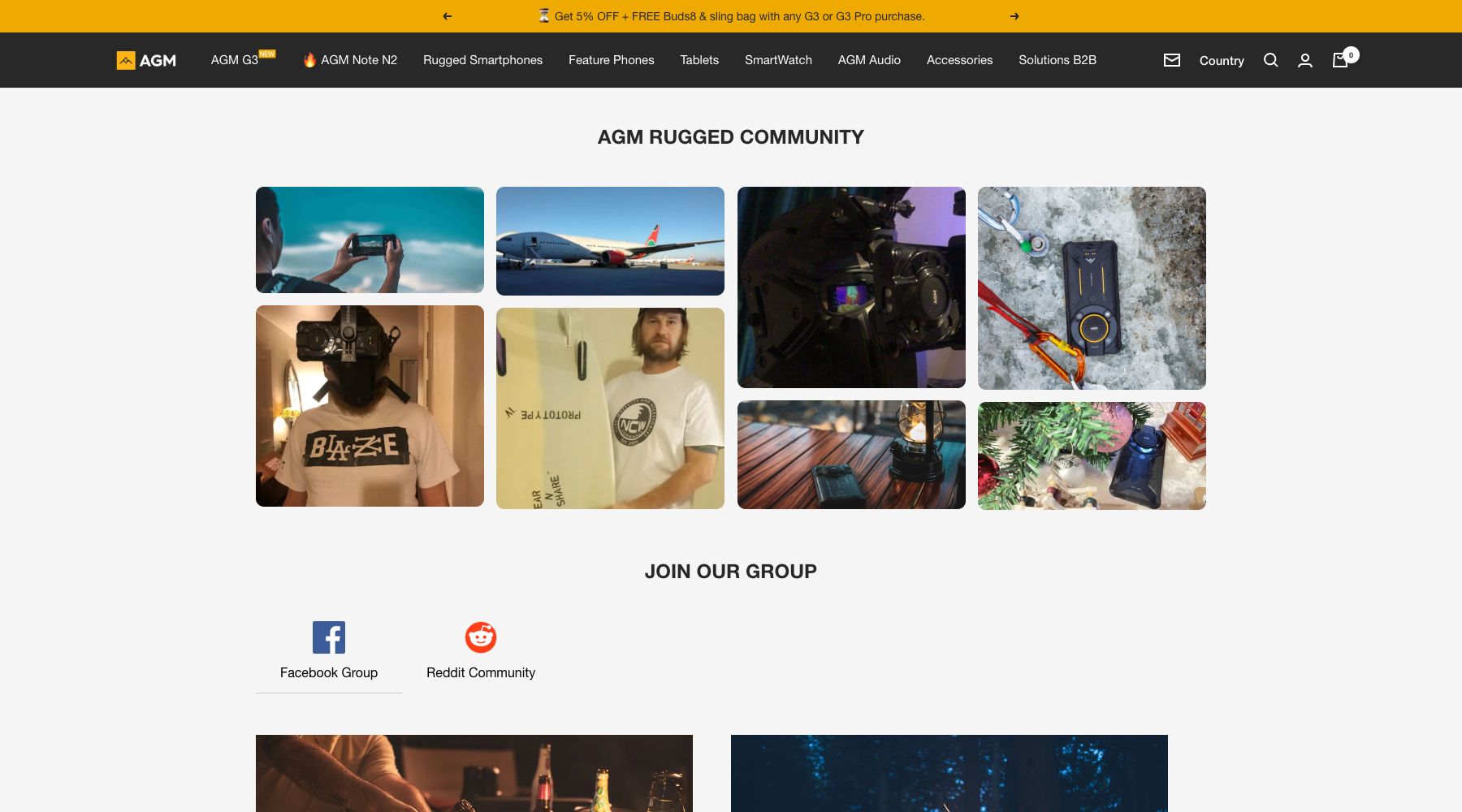 AGM Mobile official rugged community page showing real-world product use shared by its audience