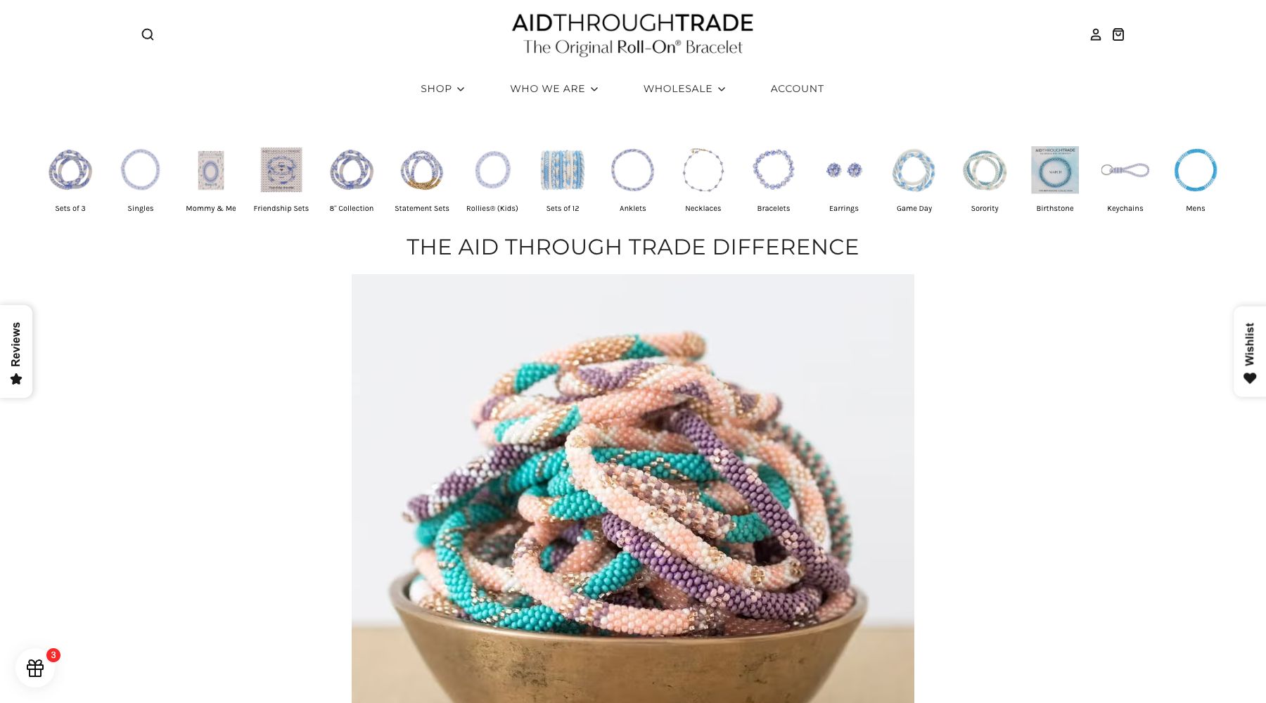 Aid Through Trade official brand page featuring handcrafted beaded bracelet designs