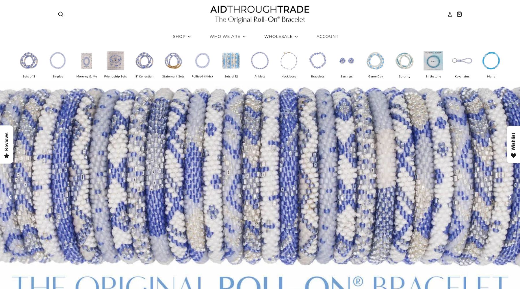 Aid Through Trade official storefront showing its Original Roll-On Bracelet collections