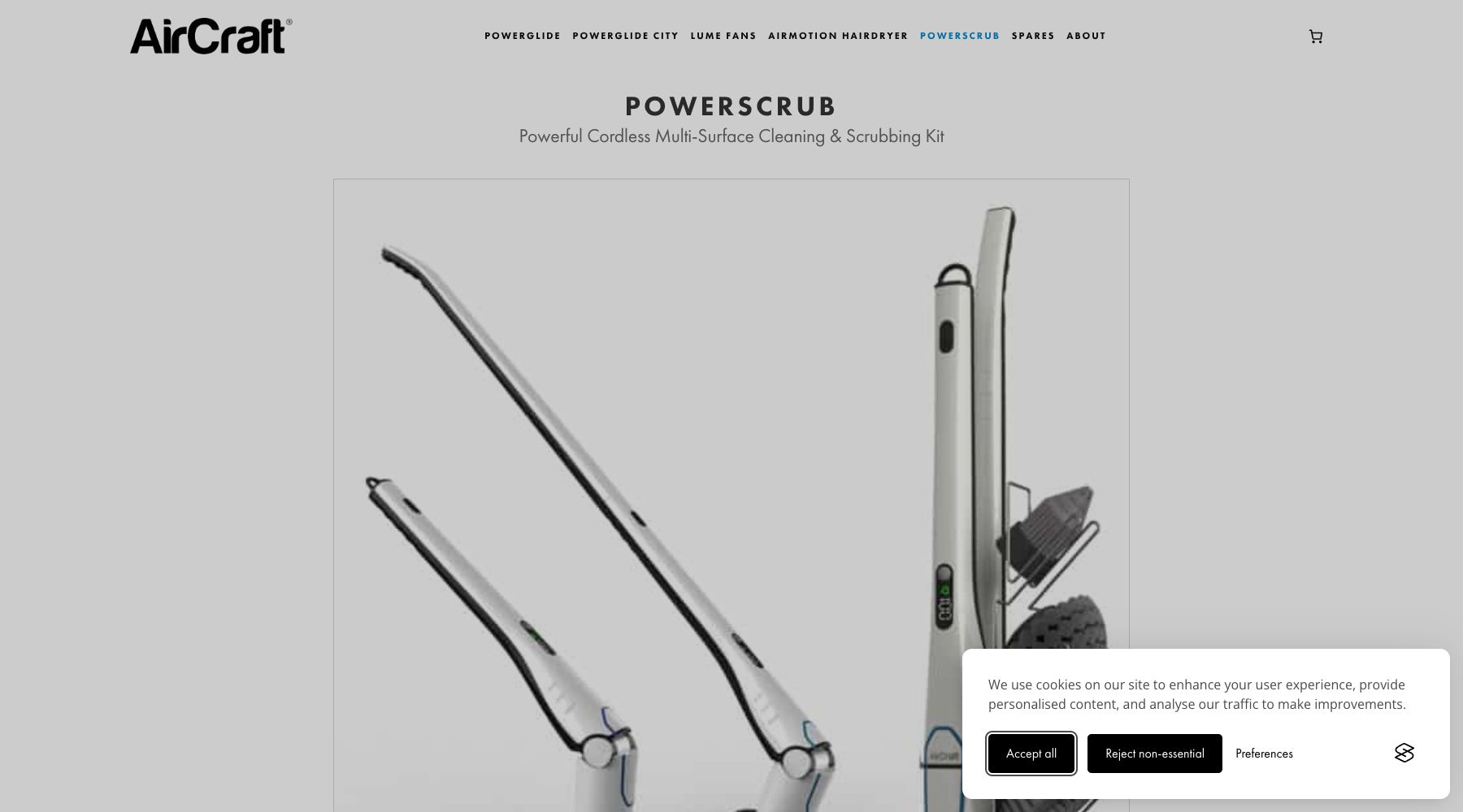AirCraft official PowerScrub product page showing a cordless multi-surface cleaning kit