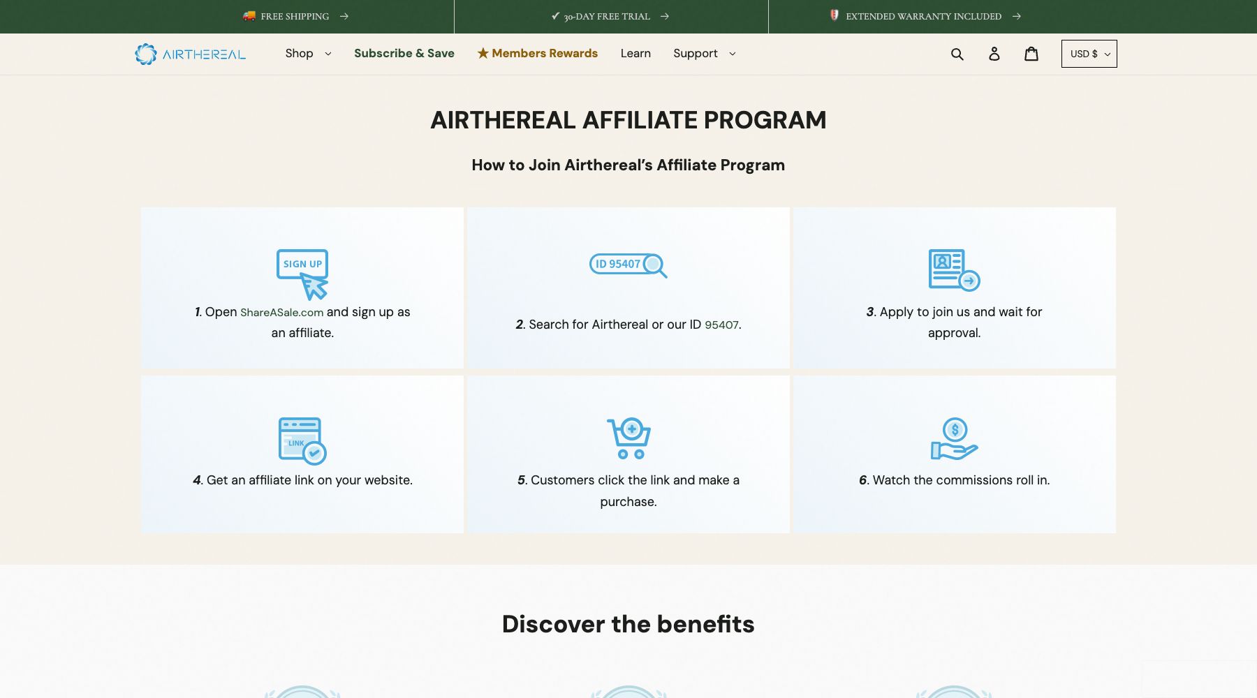 Airthereal official affiliate program page showing the application and tracked-link process
