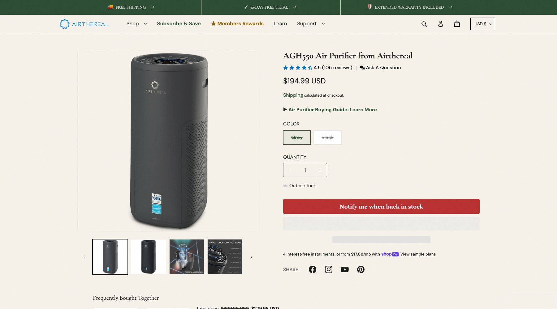 Airthereal official AGH550 air purifier product page with model-specific details